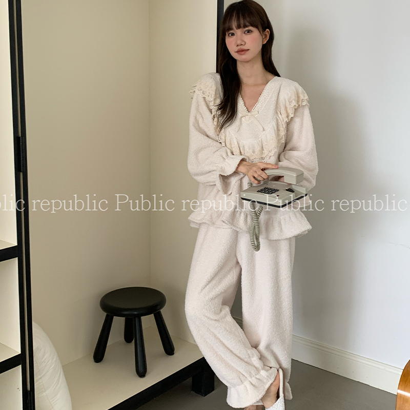 气质款荔枝绒韩国Public republic 睡衣女甜美软糯小V领家居套装