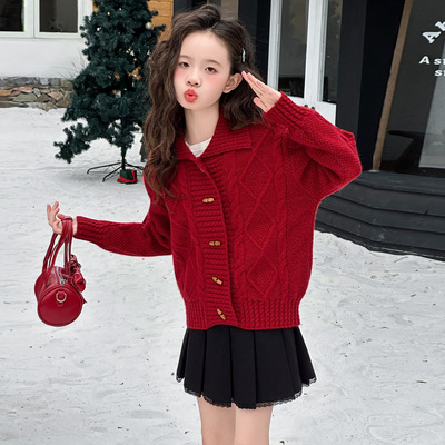 女童冬季毛衣针织衫红色开衫2025新款女大童拜年冬装加厚新年衣服