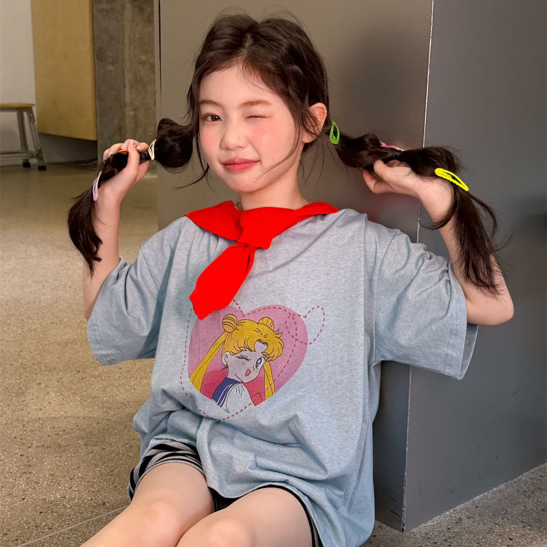 花与寻童装女童T恤2026年夏季新款韩版美少女爱心印花短袖t百搭潮