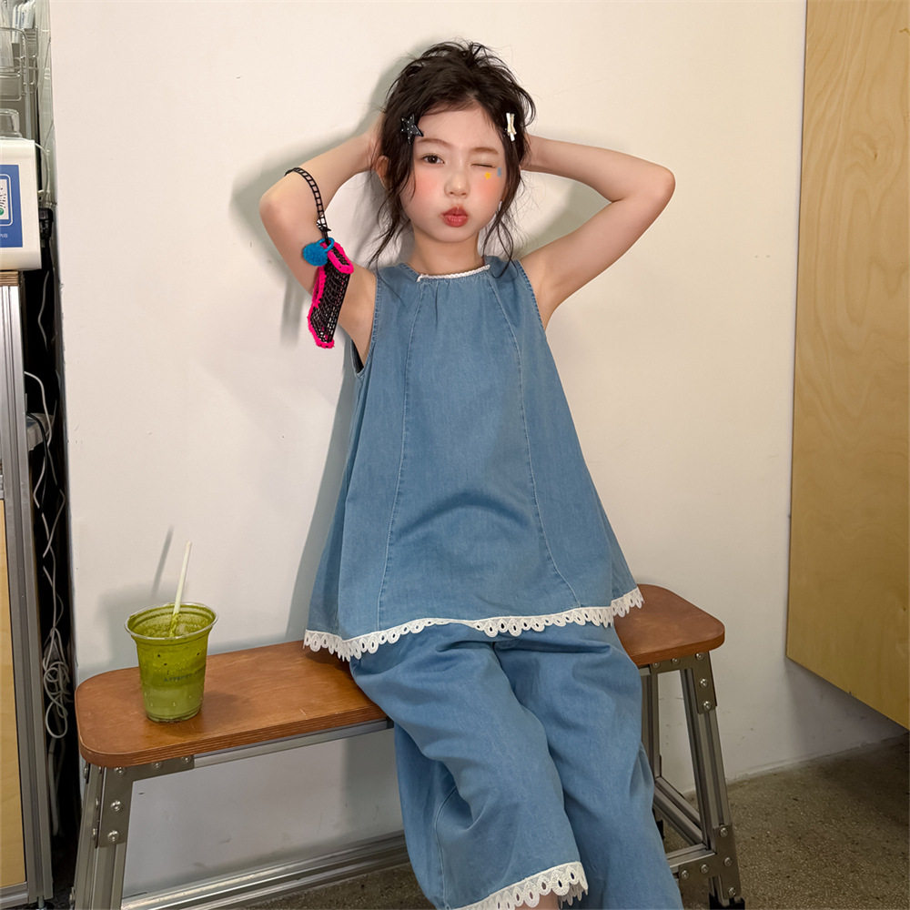 花与寻女童套装2026年夏季新款牛仔拼接背心+裤子百搭省心甜酷潮
