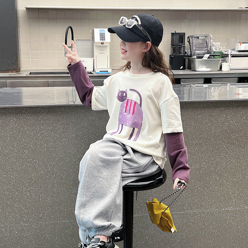 大童假两件白t恤女童洋气长袖打底衫儿童内搭上衣2026春秋装新款