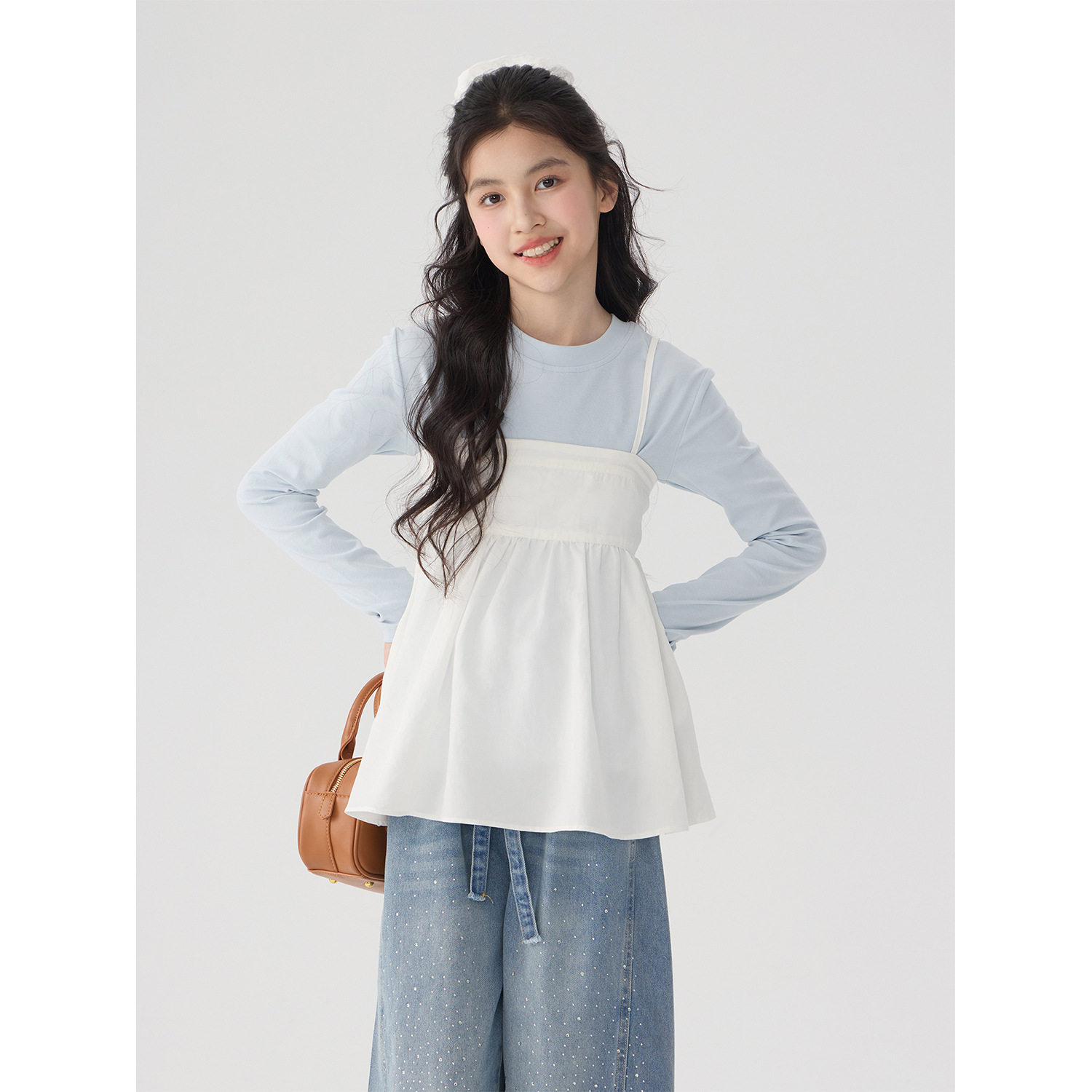 女童法式气质套装2026春装新款儿童设计感吊带背心裙长袖两件套潮