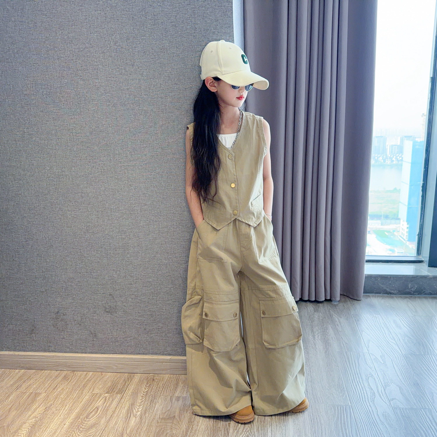 女童2026美式复古套装儿童夏季无袖马甲工装阔腿裤酷飒风一整套穿