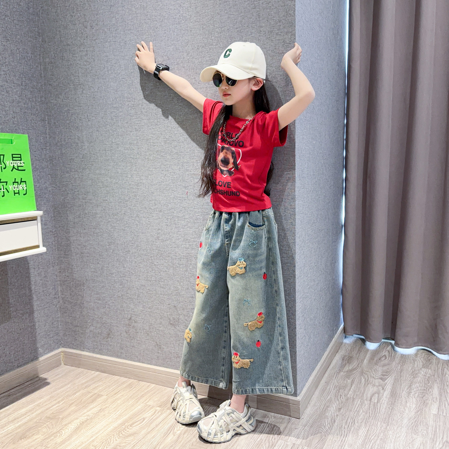 女童套装夏装2026大童复古牛仔中裤儿童装洋气直筒七分裤短袖套装