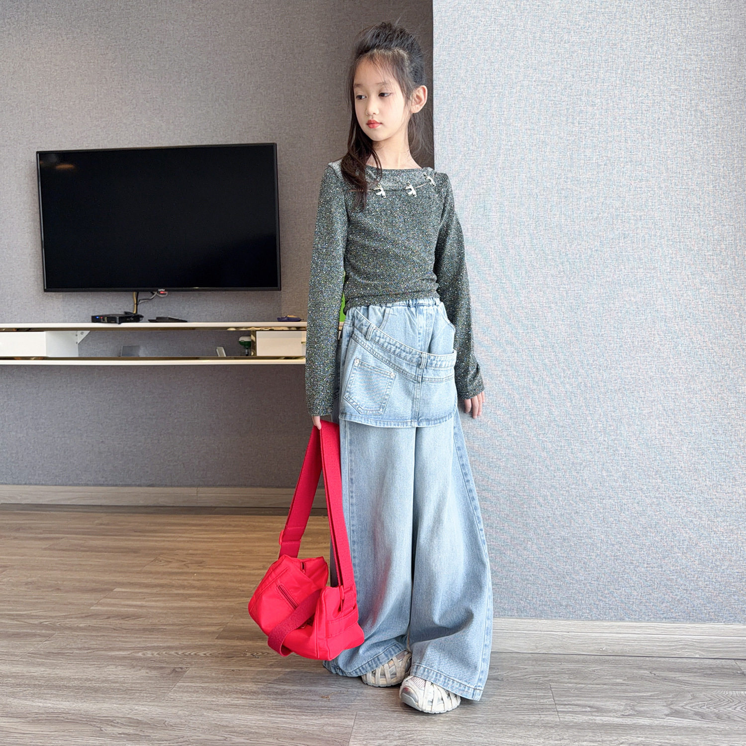 女童复古假两件辣妹风牛仔裤套装2026春装新款阔腿裤洋气两面穿上