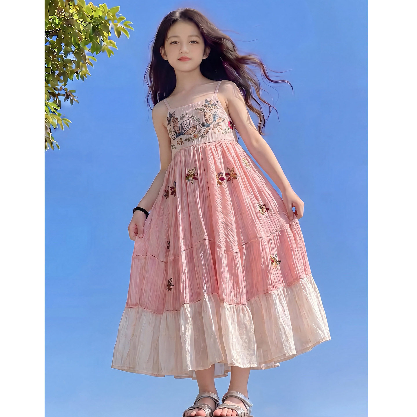 女大童夏公主裙粉色吊带刺绣连衣裙生日拍照裙大裙摆度假风礼服