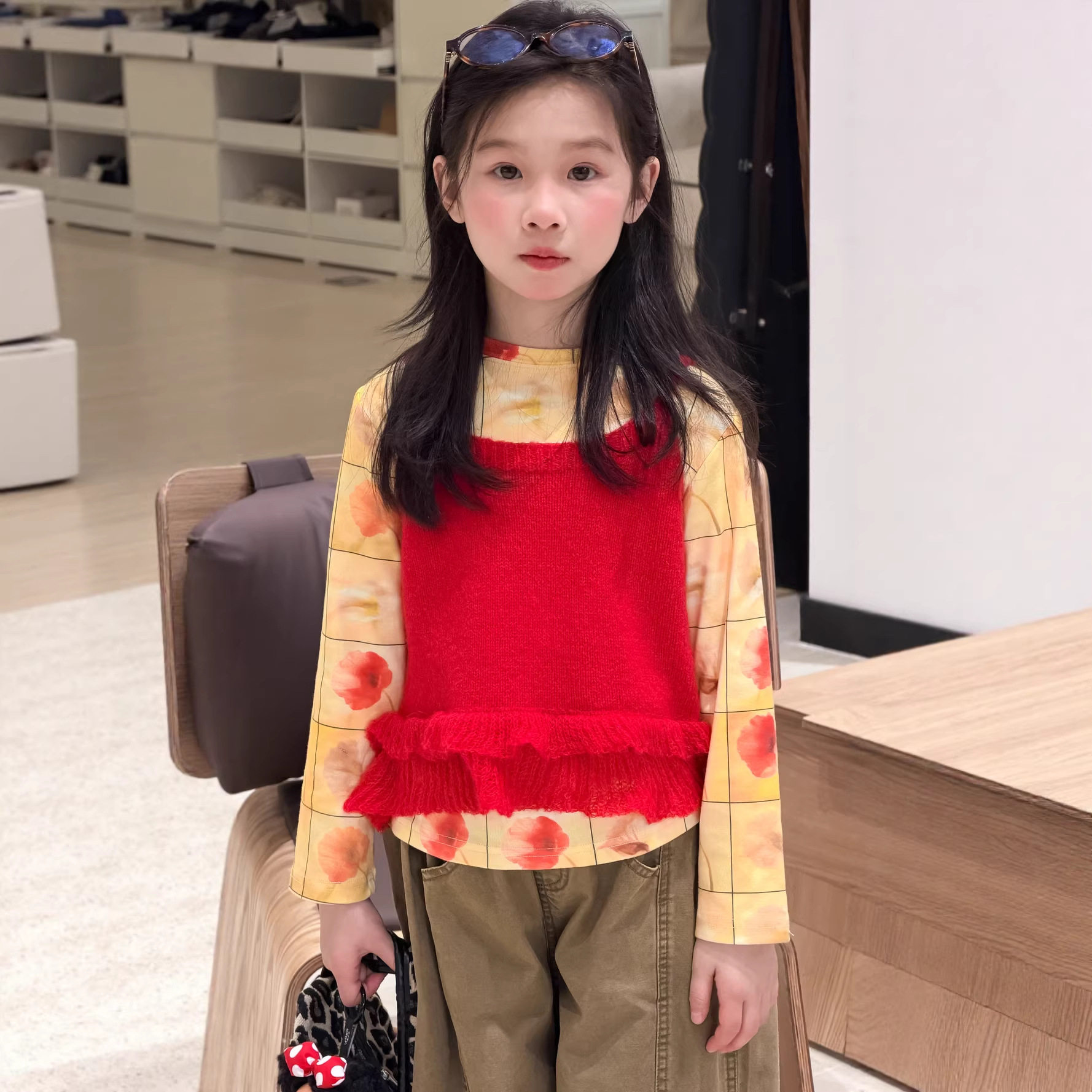 末小蒙童T恤2026春季女童韩版满印花朵T儿童圆领休闲宽松长袖上衣