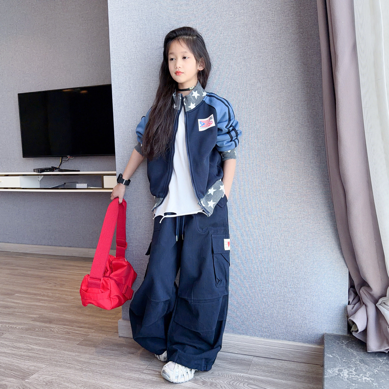 儿童美式复古立领卫衣外套2026新款夹克上衣女童宽松休闲工装裤套