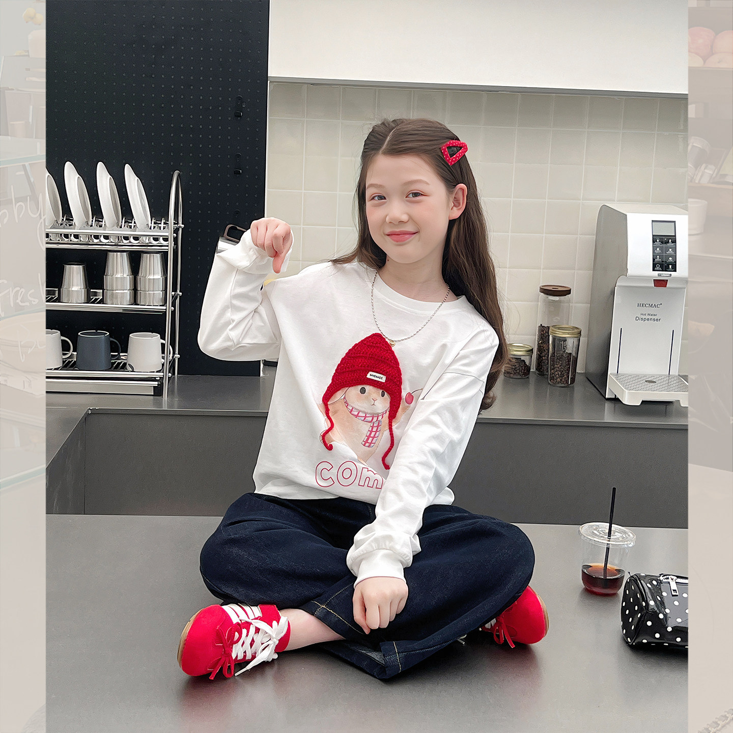 女童落肩宽松白T恤春秋新款