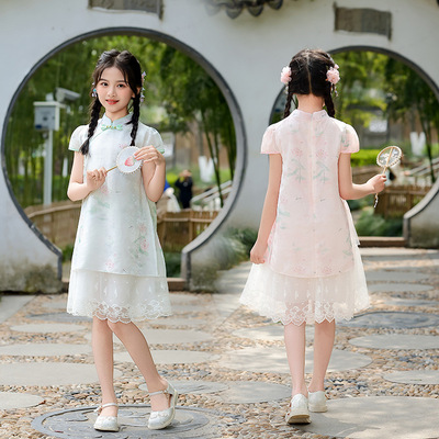 女童新款新中式中国风旗袍蕾丝裙子六一表演服中大童女孩连衣裙