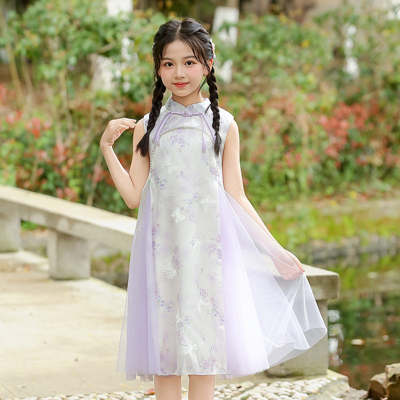 女童中式连衣裙夏季新款复古盘扣时尚改良旗袍裙子中大儿童旗袍裙