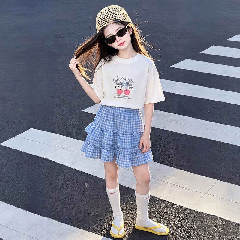 女童套装夏季2026新款儿童时髦网红格子半身裙两件套女孩夏款衣服