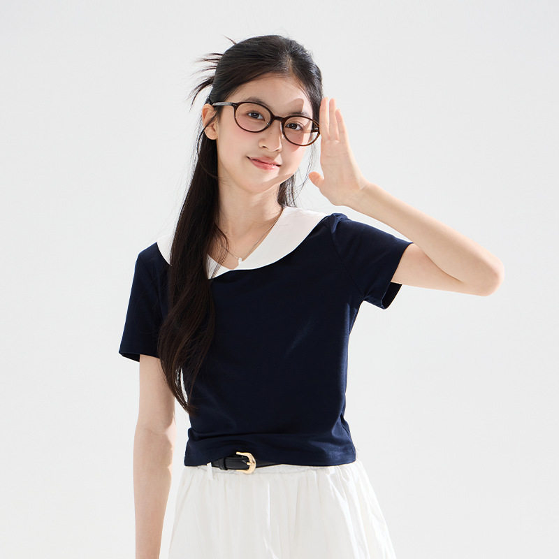 周大雨女童学院风翻领t恤2026夏装新款儿童洋气短款韩系短袖上衣