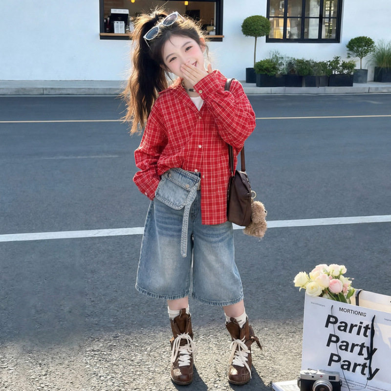 女童衬衫2026新款儿童洋气时髦格子衬衣外套背心腰带牛仔中裤套装