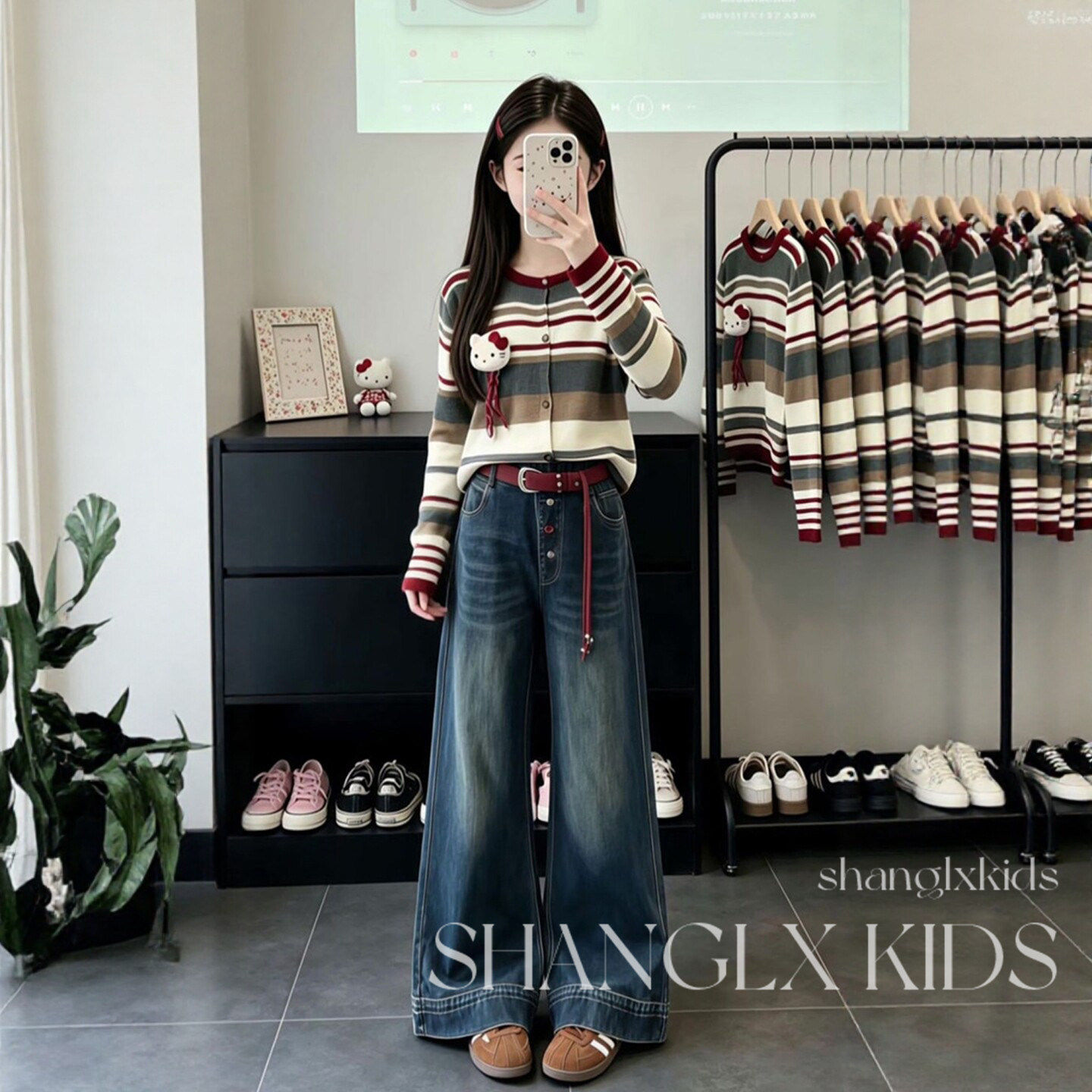 女童秋装韩系条纹毛衣牛仔两件套