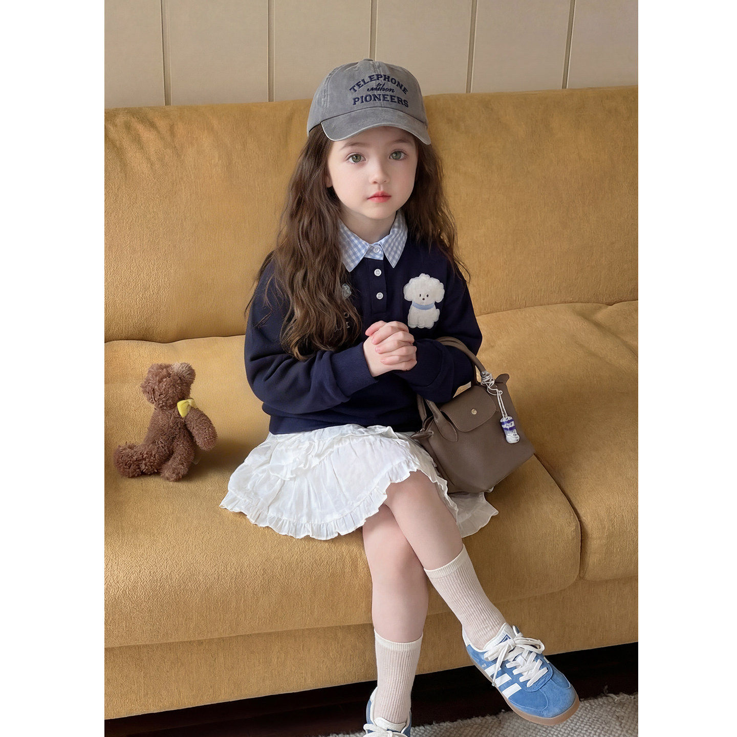 女童春装2026新款卡通小狗翻领卫衣春秋儿童韩版学院风假两件上衣