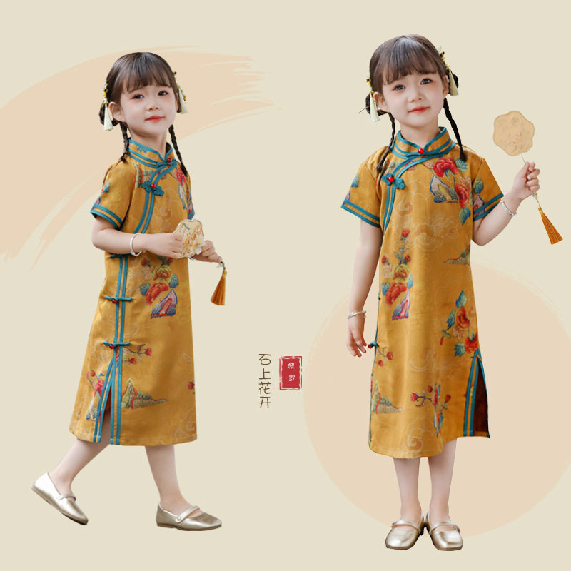 儿童旗袍新款女童古风唐装连衣裙夏季改良款汉服女孩中长款复古裙
