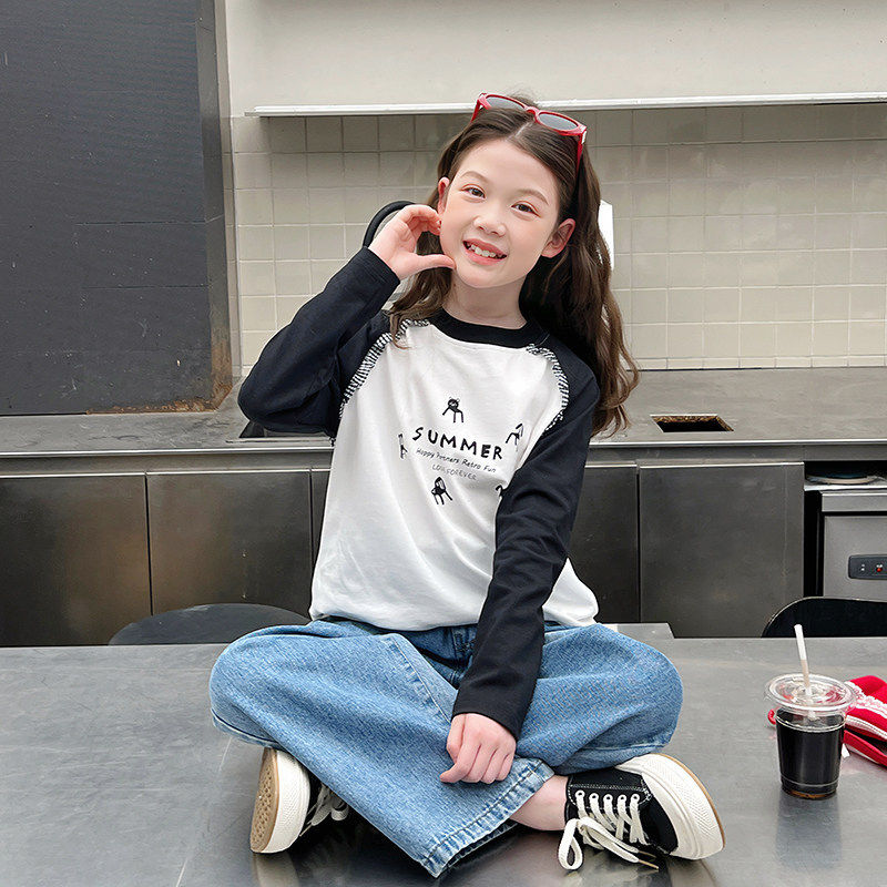 女童撞色插肩袖t恤儿童洋气长袖上衣大童内搭打底2026春秋装新款