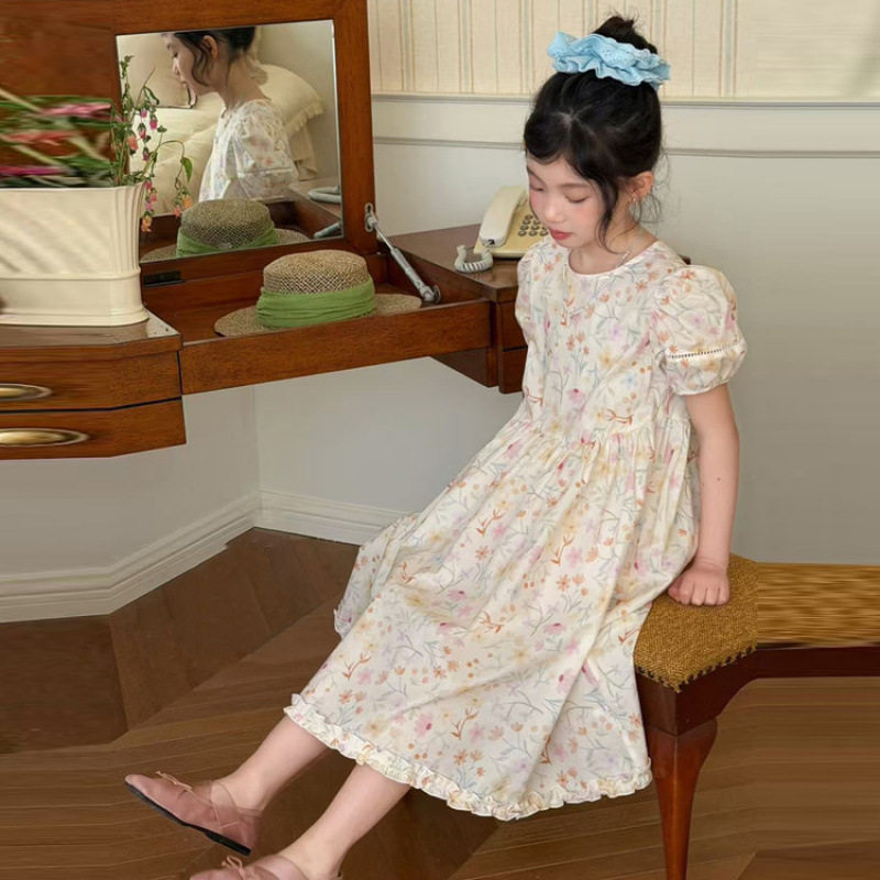 女童碎花连衣裙2026夏季新款韩系中大童儿童泡泡袖公主裙长款裙子