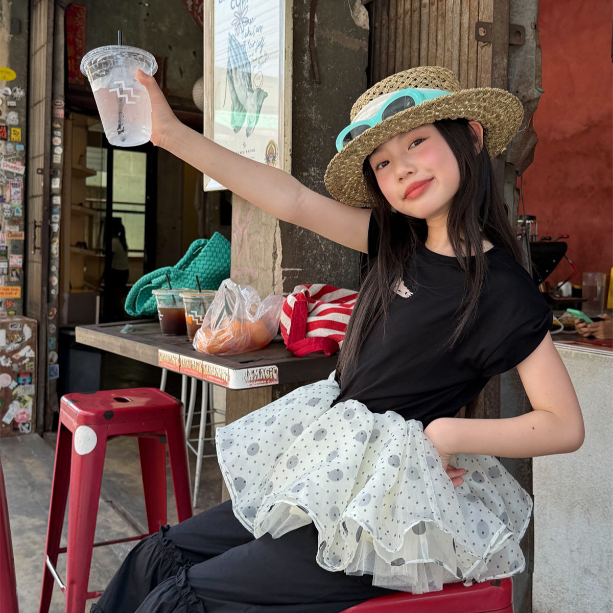 花与寻女童2026新款夏季波点网纱蓬蓬裙T恤儿童假两件拼接短袖潮