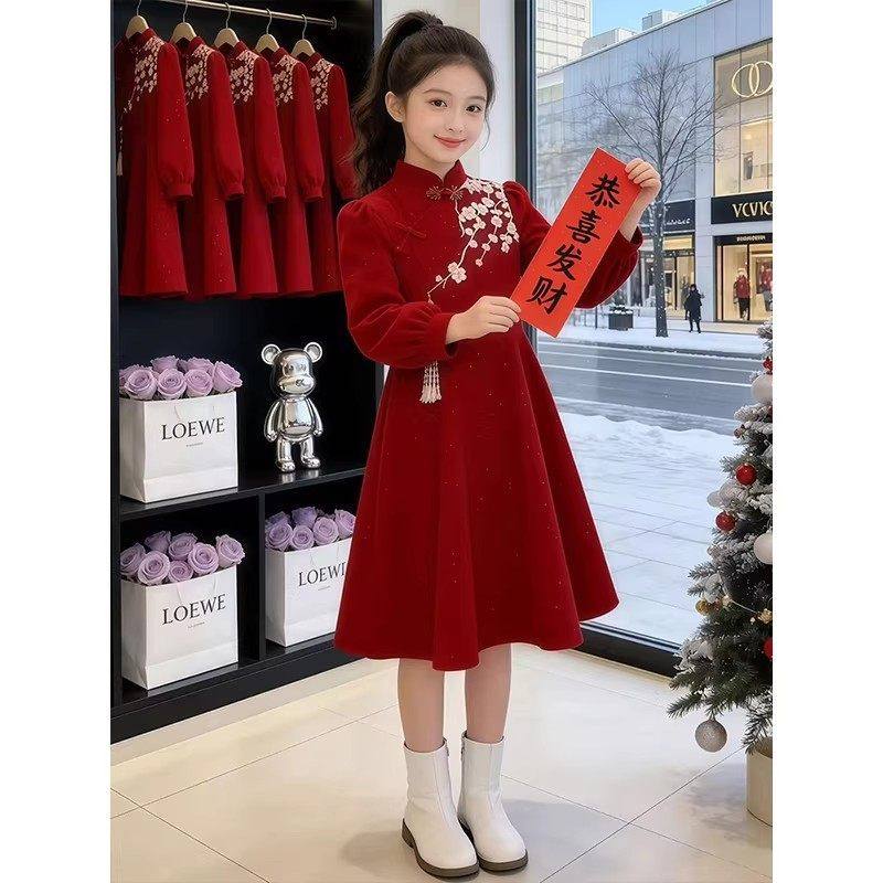 中大童女孩秋冬季新款喜庆公主礼服裙子女童时尚中国风气质连衣裙