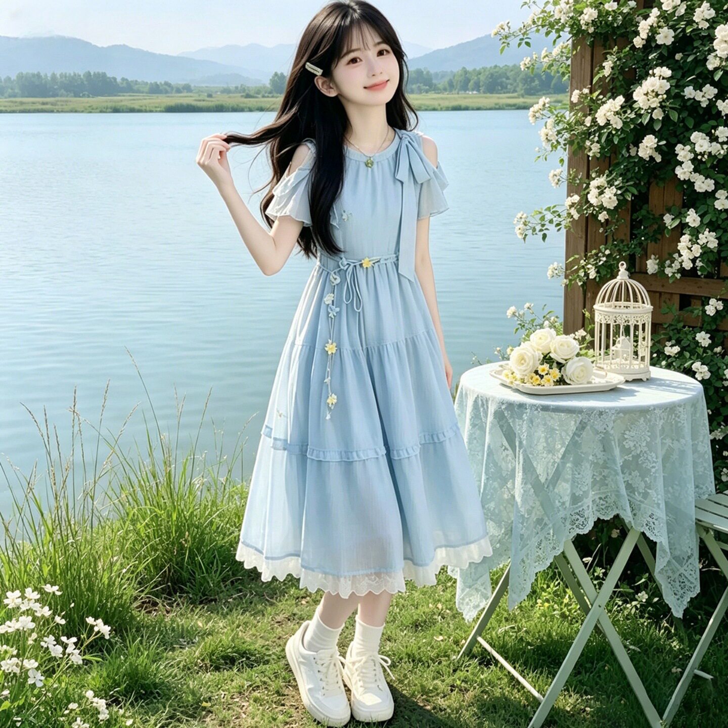 女童连衣裙夏装2026新款儿童甜美可爱雪纺蝴蝶结初中生露肩袖长裙
