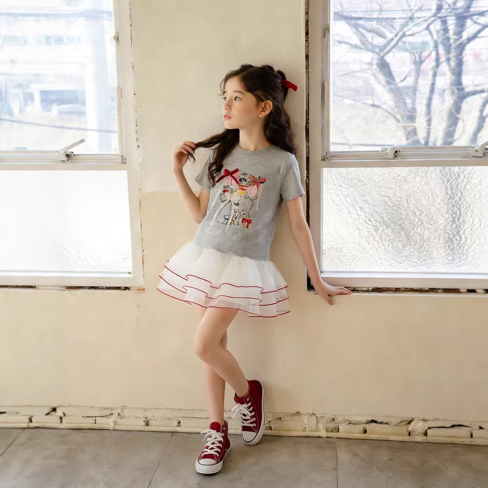 中大童夏季圆领T拼接裙子2026新款韩版女童可爱蝴蝶结印花短裙潮