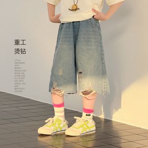 Miaxdx童装女童牛仔中裤夏季新款休闲烫钻破洞宝宝裤子