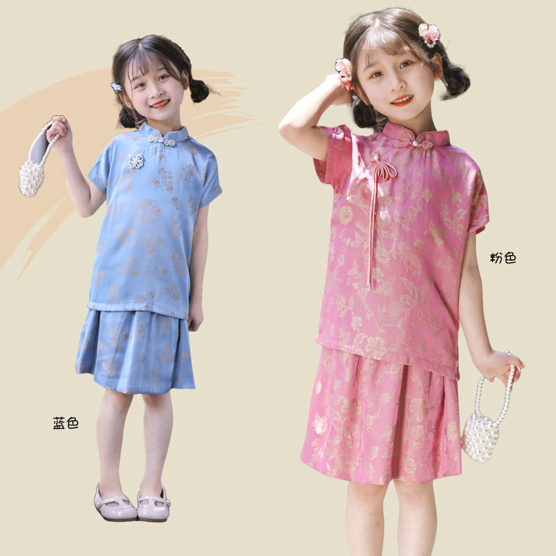 女童夏季旗袍新款套裙复古唐装儿童小旗袍中国风汉服套装连衣裙