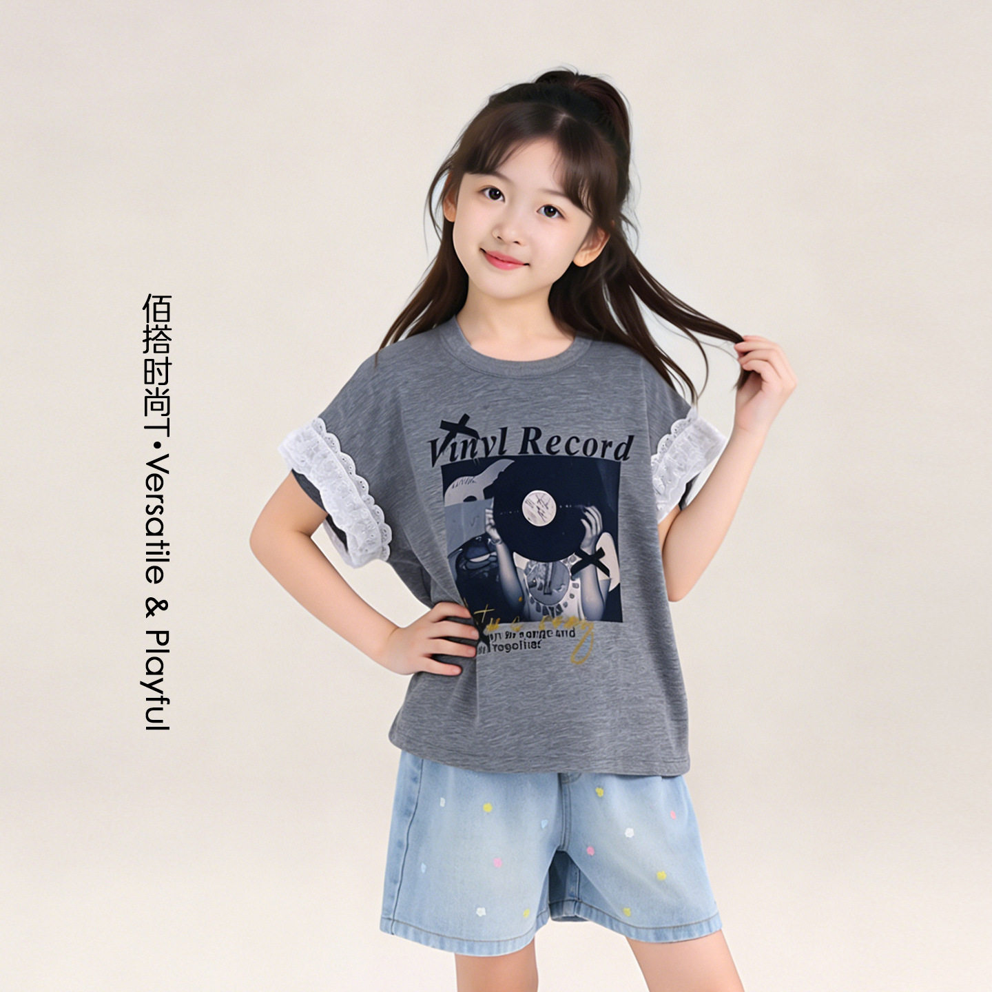 图图小象女童T恤2025春季新款儿童休闲短袖海盐撞色晕染印花亲子T