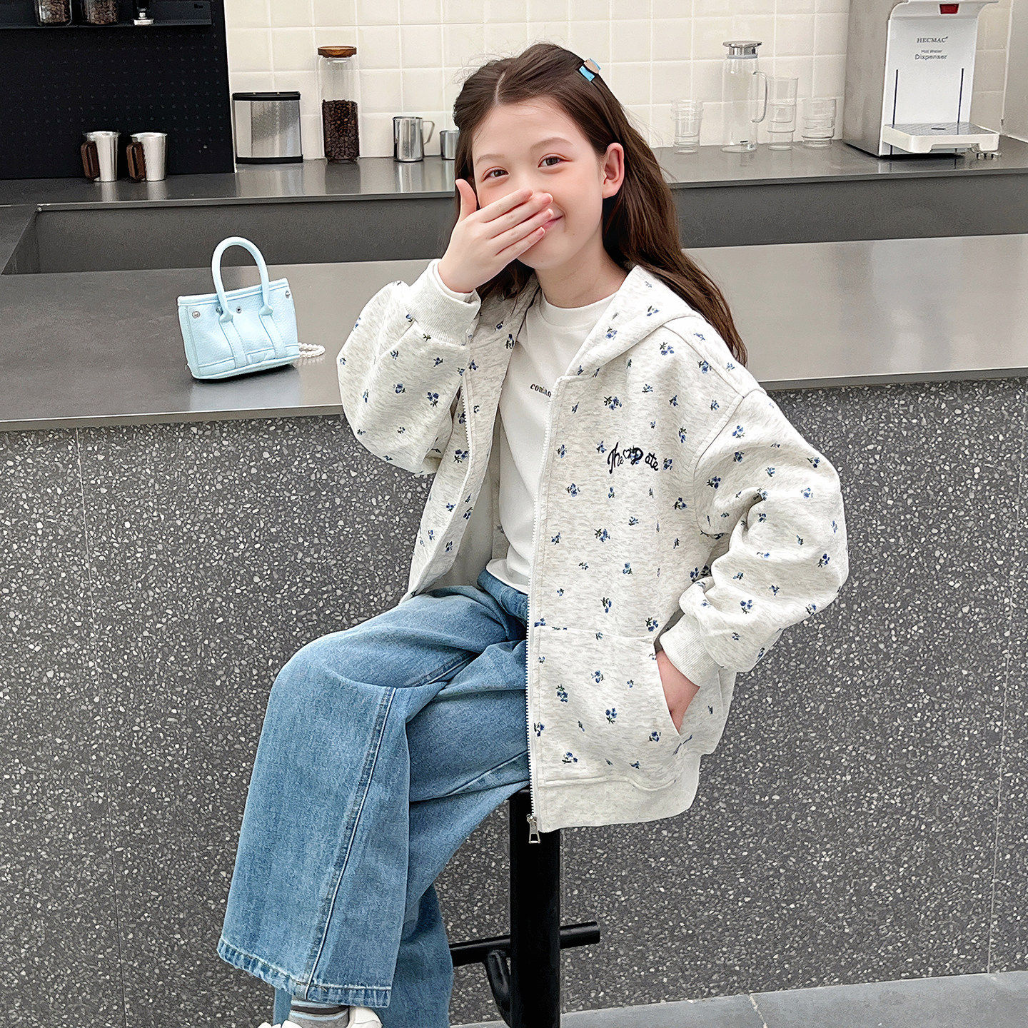 女童连帽碎花运动外套春秋新款
