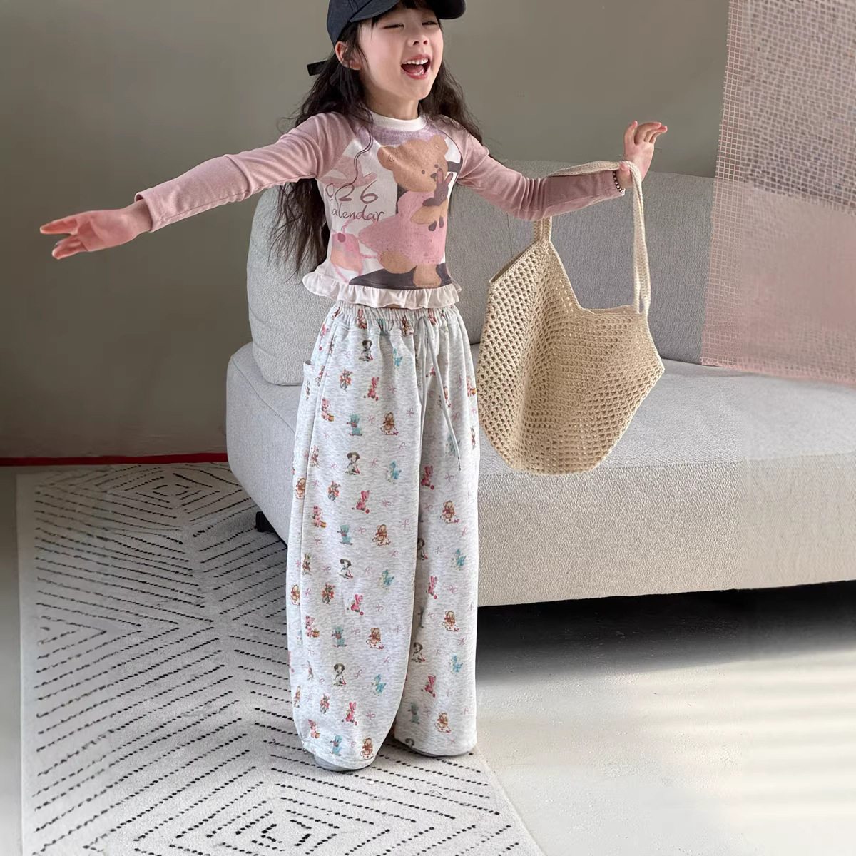 瑜瑜公主 女童春季韩版可爱小熊长袖T恤儿童修身花边插肩袖短上衣