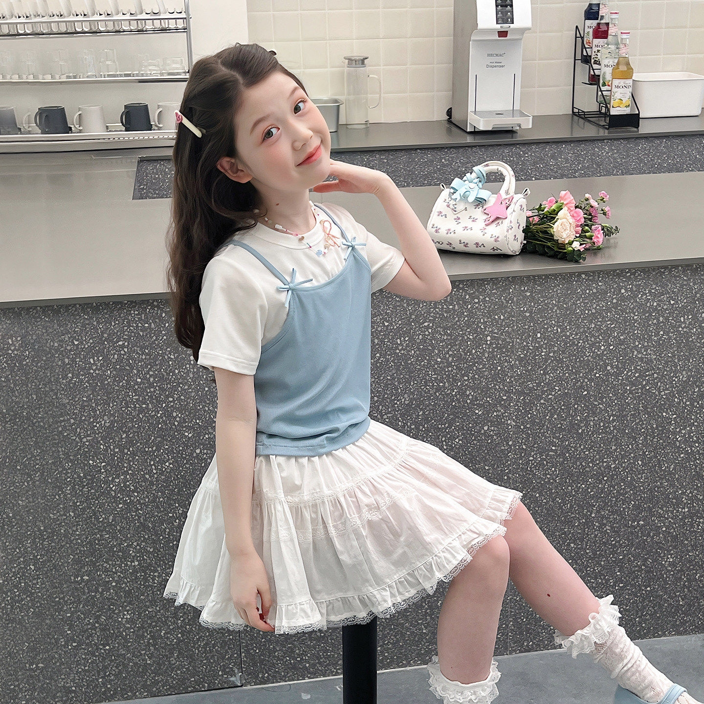 女童短款修身t恤儿童洋气假两件短袖大童网红上衣2026夏装新款