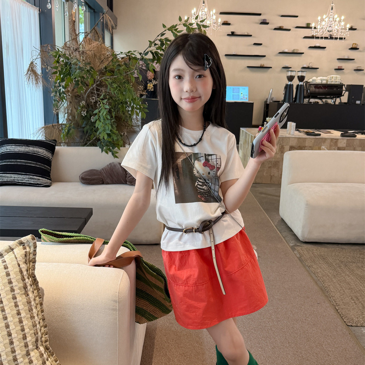 花与寻女童T恤2026夏季KT猫印花短袖带娃娃挂饰韩系宽松休闲短袖