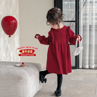 童森童马女童红色连衣裙拜年服毛衣裙新春战袍儿童新年衣服公主裙