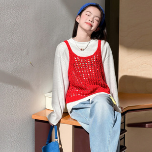 女童针织马甲春秋套装2026新款大童春装韩系穿搭儿童牛仔裤三件套