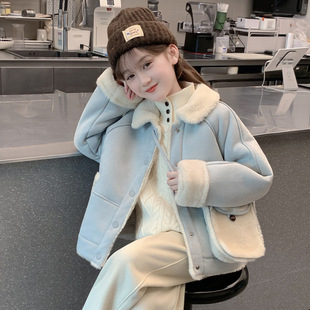 女童外套秋冬款2025新款儿童网红洋气鹿皮绒羊羔毛上衣女孩冬装
