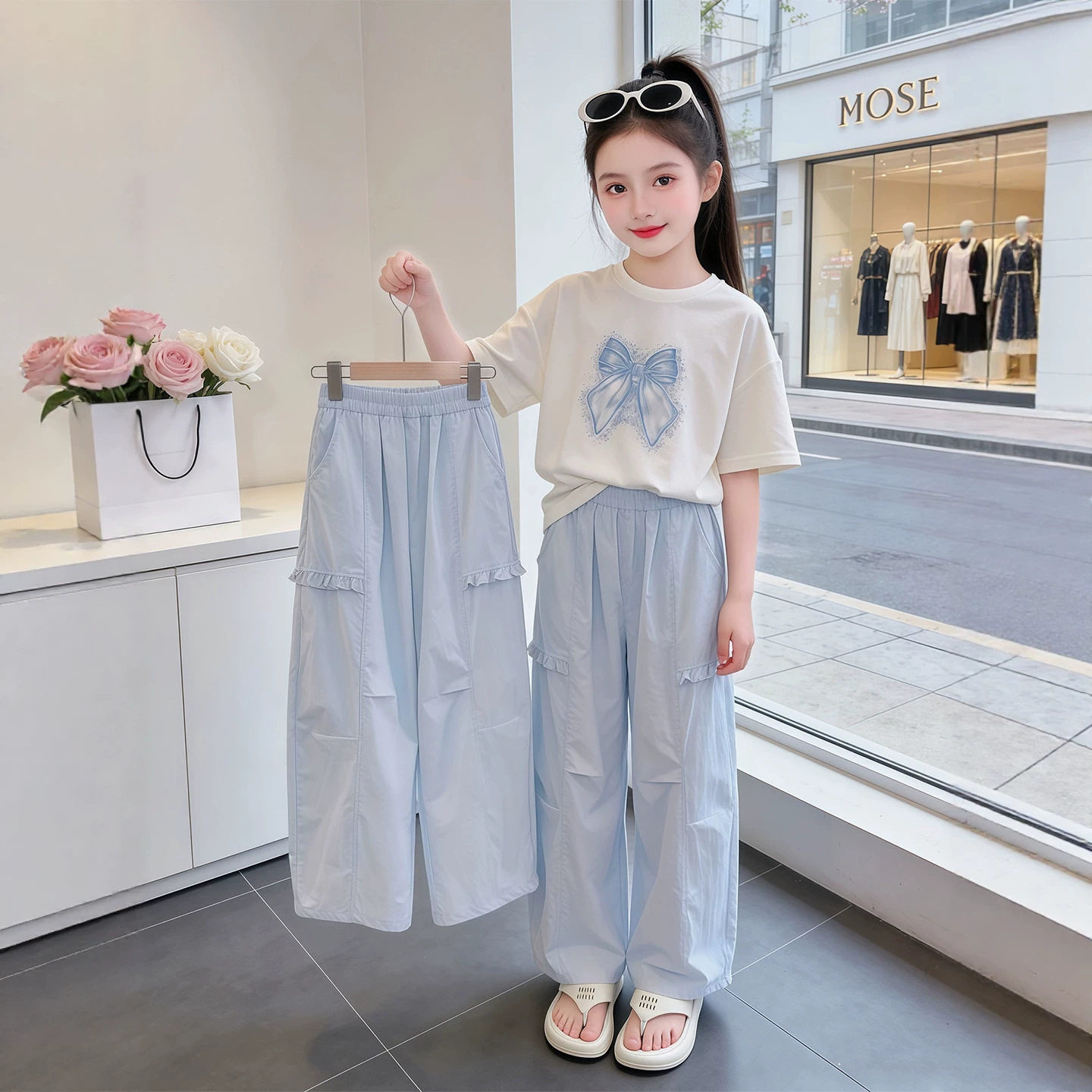 女童裤子夏季薄款2026新款儿童休闲阔腿裤夏装女孩短袖T恤两件套t