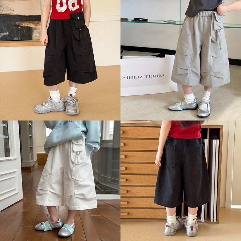 艾摩贝贝男女童夏季百搭韩版纯色裤子时髦宽松口袋工装休闲七分裤