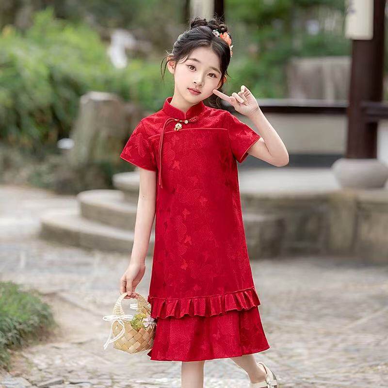 女童旗袍新款夏季短袖红色2026改良中国风儿童新中式裙子演出服
