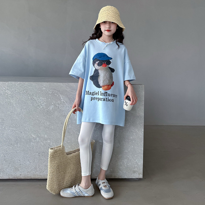 T1291女童夏季新款女大童短袖韩版中长款打底衫亲子款T恤跨境代发
