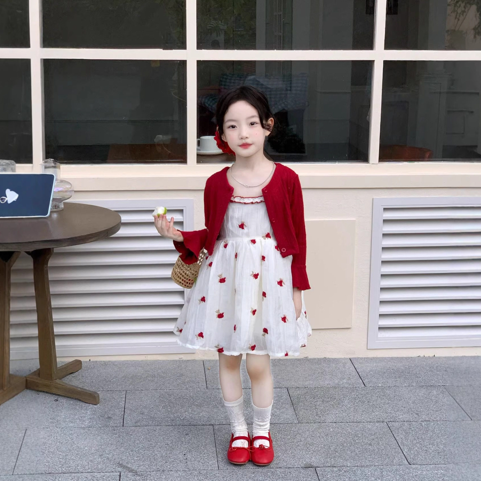 女童红色碎花吊带裙连衣裙2026春季新款女孩长袖针织衫公主裙套装