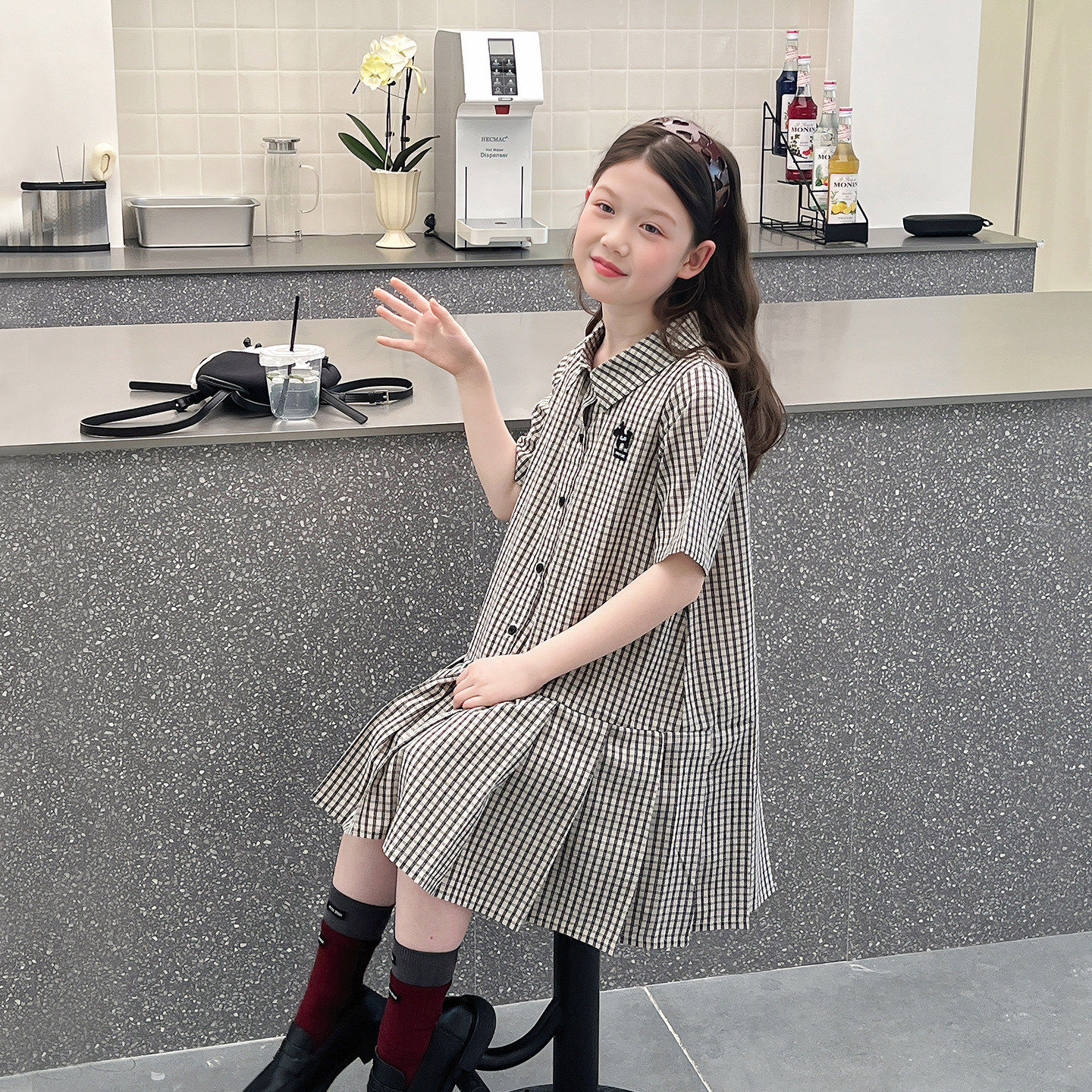 女童洋气格子连衣裙儿童短袖休闲长裙大童学院裙子2026夏装新款