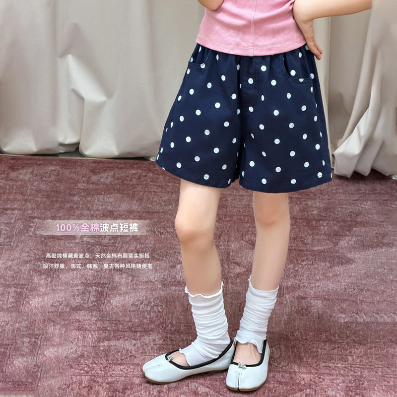 艾摩贝贝女童夏季法式复古氛围感藏青小波点休闲宽松百搭全棉短裤