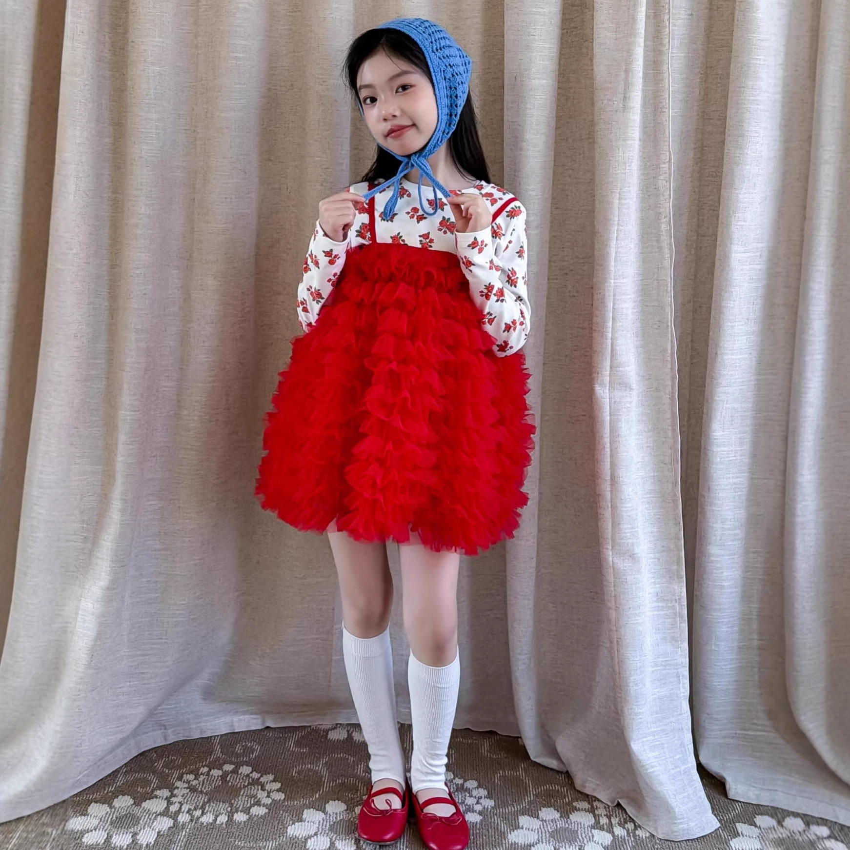 税后价童套装2026春新款女童碎花长袖t恤红色背带蛋糕纱裙公主裙