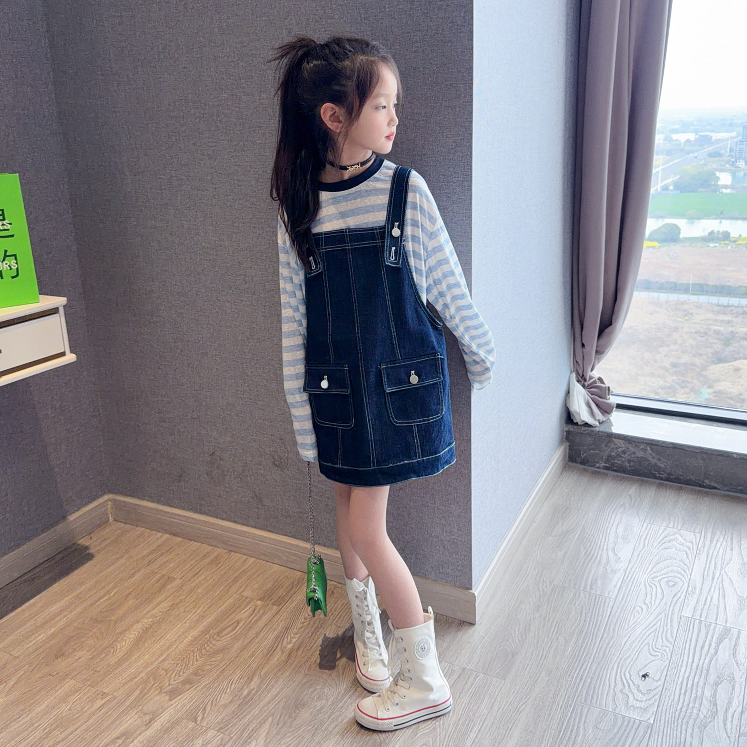 女童牛仔背带裙套装2026夏季新款洋气女孩长袖T恤儿童装时髦两件