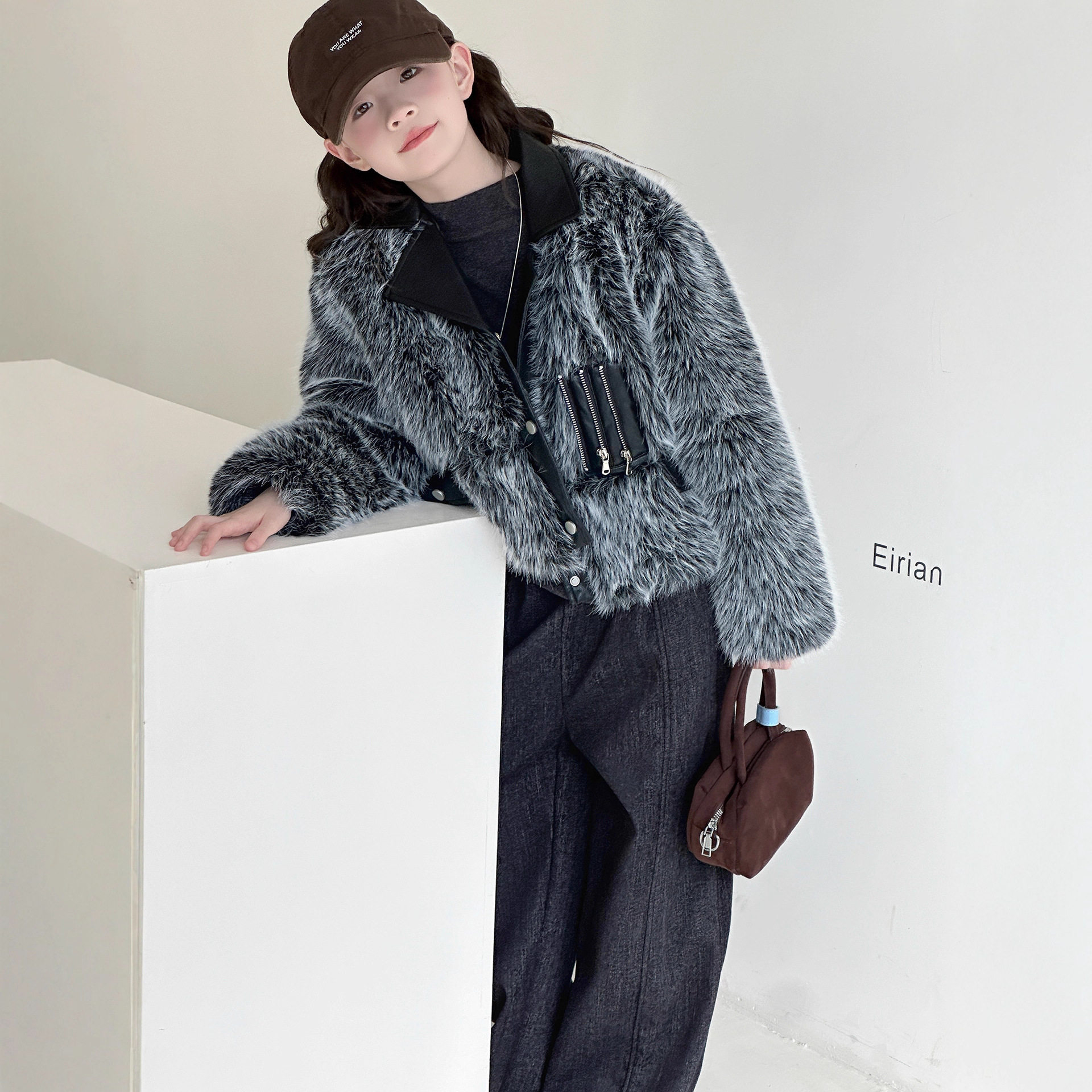 女童皮草外套秋冬装2025新款中大童短款翻领夹克韩版夹棉保暖上衣