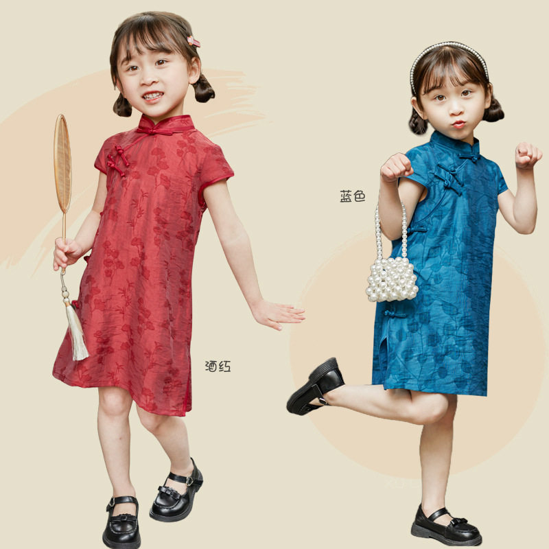 女童天丝棉旗袍2026夏季新款儿童中小童裙子女宝宝复古纯色连衣裙
