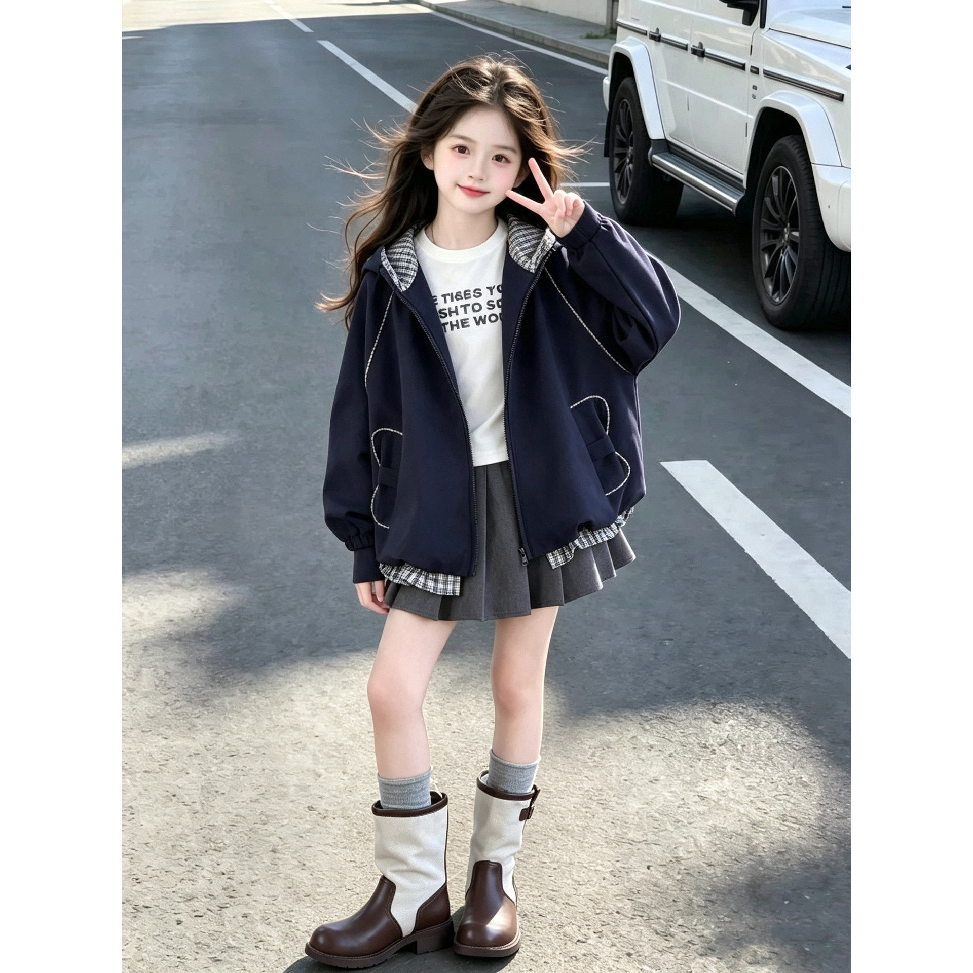 女童格子拼接宽松夹克春秋洋气