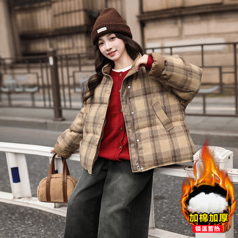 女童棉衣冬装2025新款洋气大儿童加厚格子棉服保暖冬款面包服外套